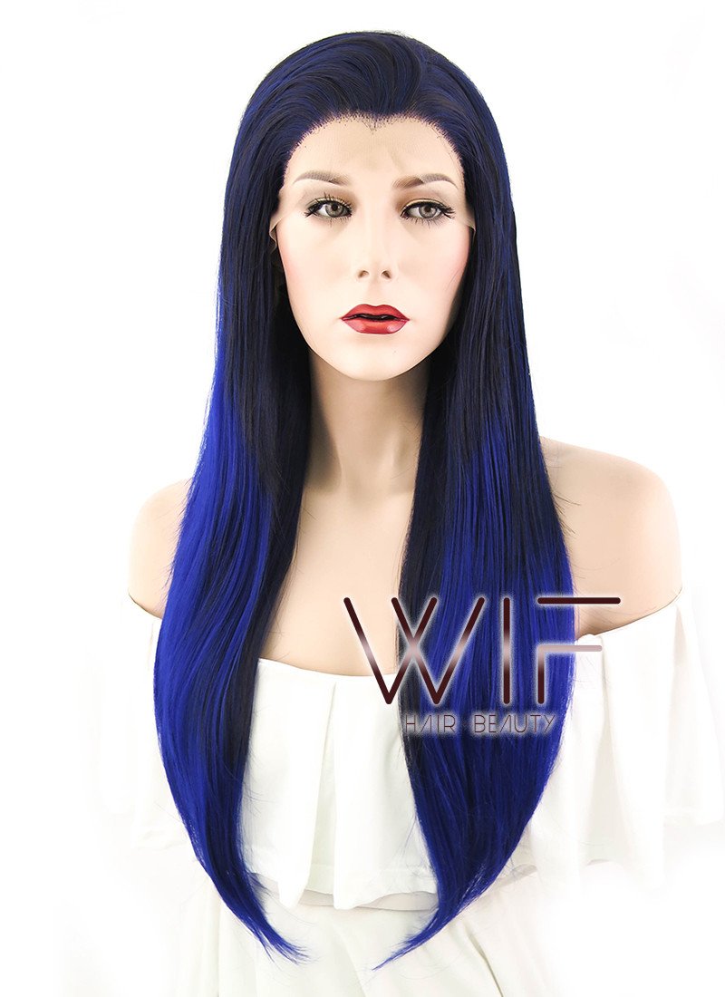 24" Straight Black Mixed Blue Lace Front Synthetic Wig LF199