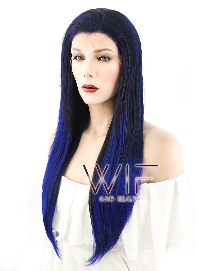 24" Straight Black Mixed Blue Lace Front Synthetic Wig LF199