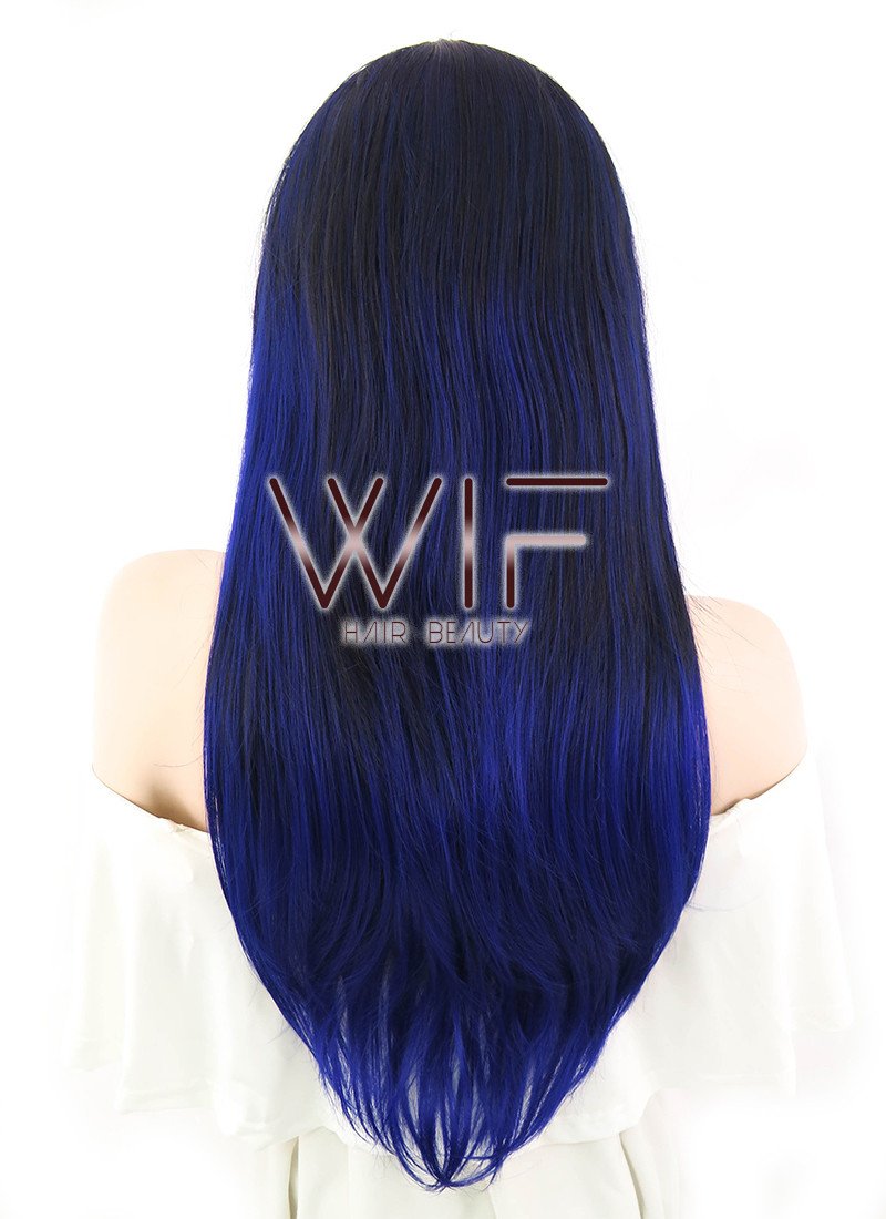 24" Straight Black Mixed Blue Lace Front Synthetic Wig LF199