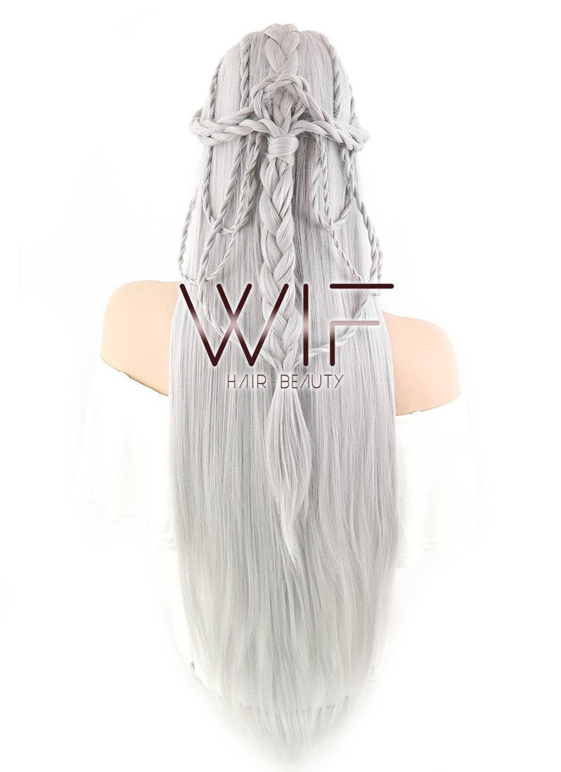28" Yaki Silver Grey Braided Lace Front Synthetic Wig LF2009