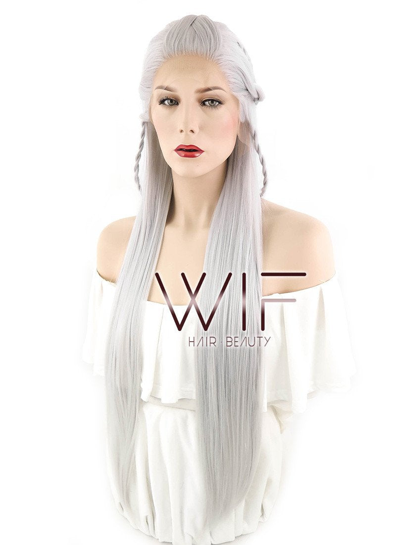 28" Yaki Silver Grey Braided Lace Front Synthetic Wig LF2009