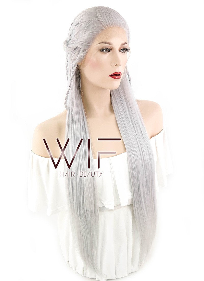 28" Yaki Silver Grey Braided Lace Front Synthetic Wig LF2009
