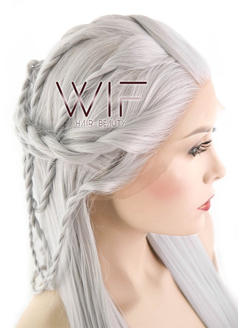 28" Yaki Silver Grey Braided Lace Front Synthetic Wig LF2009