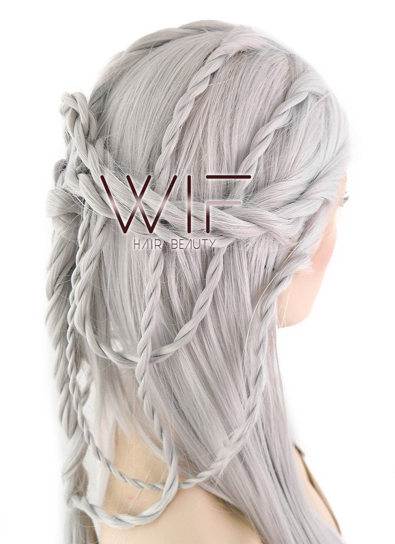 28" Yaki Silver Grey Braided Lace Front Synthetic Wig LF2009