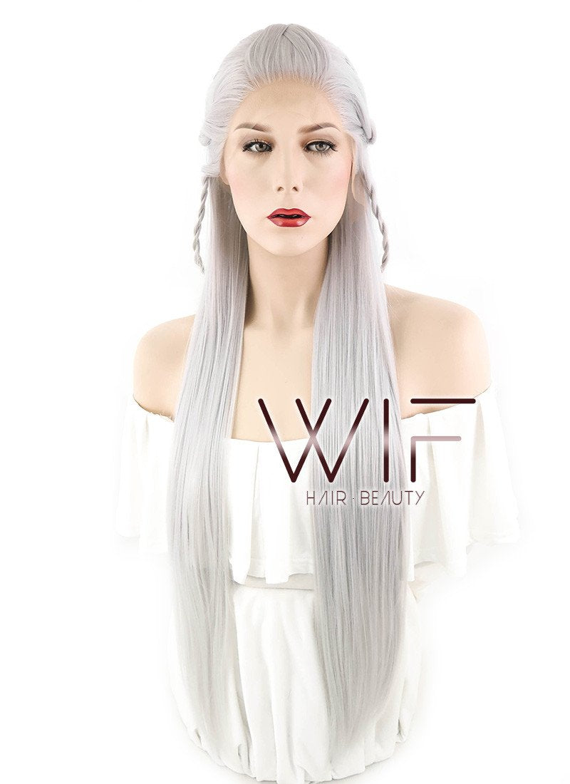 28" Yaki Silver Grey Braided Lace Front Synthetic Wig LF2009