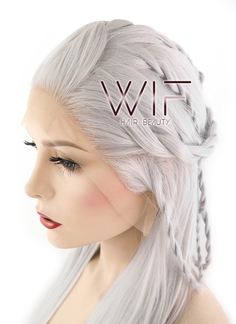 28" Yaki Silver Grey Braided Lace Front Synthetic Wig LF2009