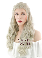 24" Long Curly Light Ash Blonde Daenerys Targaryen Braided Lace Front Synthetic Hair Wig LF2017