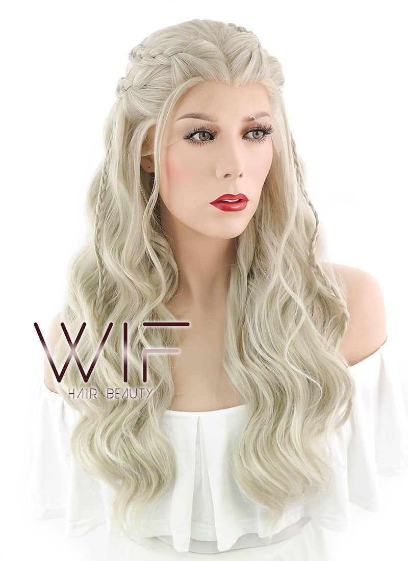 24" Long Curly Light Ash Blonde Daenerys Targaryen Braided Lace Front Synthetic Hair Wig LF2017