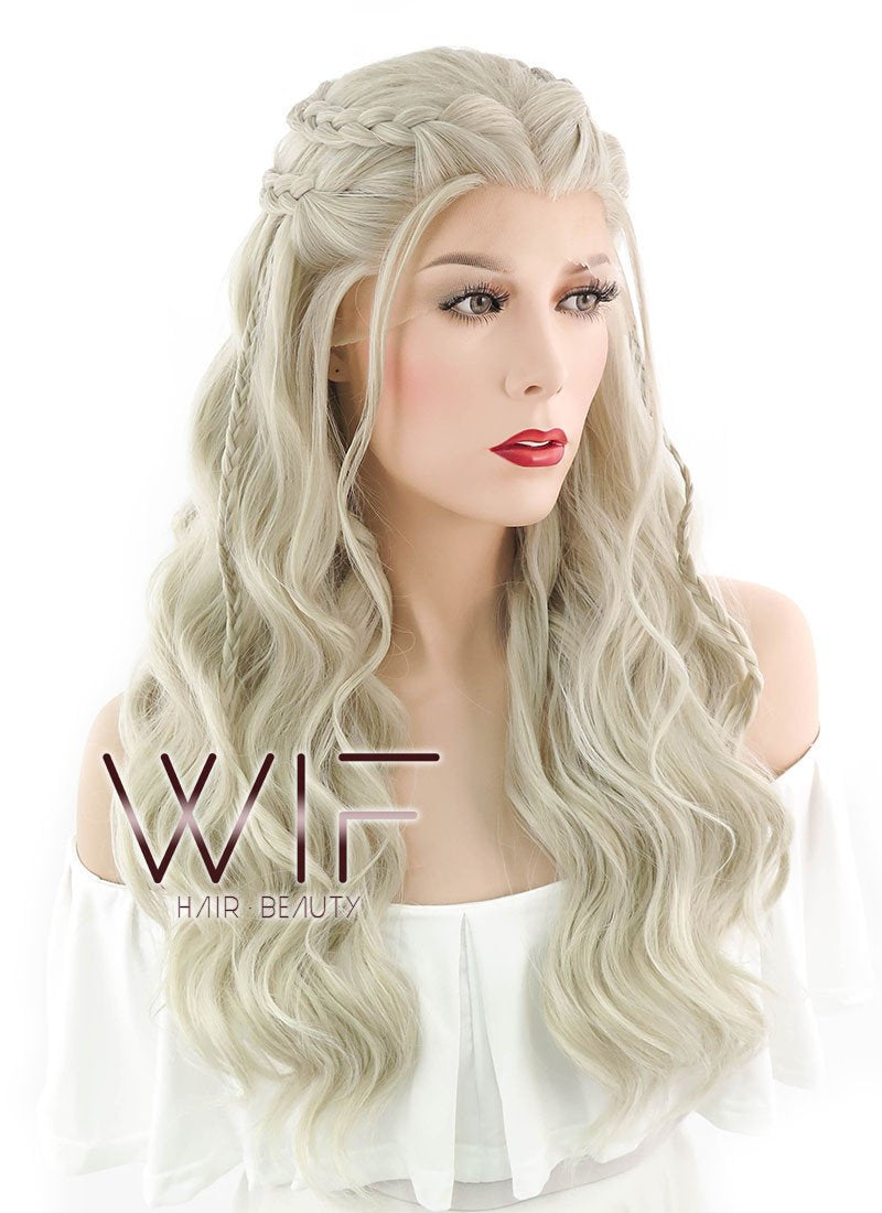 24" Long Curly Light Ash Blonde Daenerys Targaryen Braided Lace Front Synthetic Hair Wig LF2017