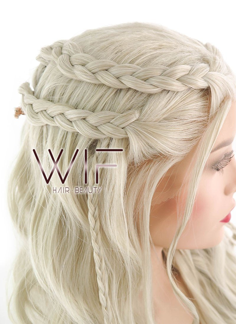 24" Long Curly Light Ash Blonde Daenerys Targaryen Braided Lace Front Synthetic Hair Wig LF2017