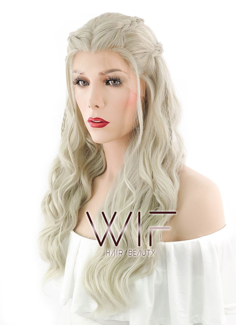 24" Long Curly Light Ash Blonde Daenerys Targaryen Braided Lace Front Synthetic Hair Wig LF2017