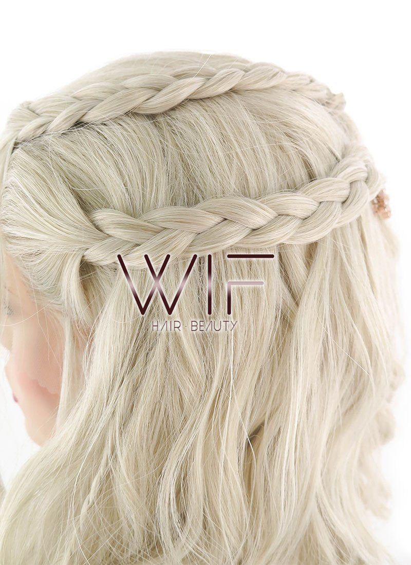 24" Long Curly Light Ash Blonde Daenerys Targaryen Braided Lace Front Synthetic Hair Wig LF2017