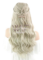 24" Long Curly Light Ash Blonde Daenerys Targaryen Braided Lace Front Synthetic Hair Wig LF2017