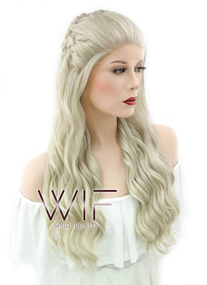 24" Long Curly Light Ash Blonde Daenerys Targaryen Braided Lace Front Synthetic Hair Wig LF2021