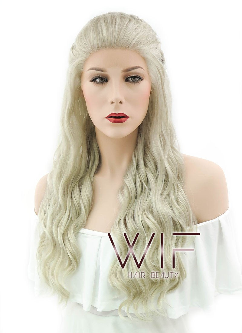 24" Long Curly Light Ash Blonde Daenerys Targaryen Braided Lace Front Synthetic Hair Wig LF2021