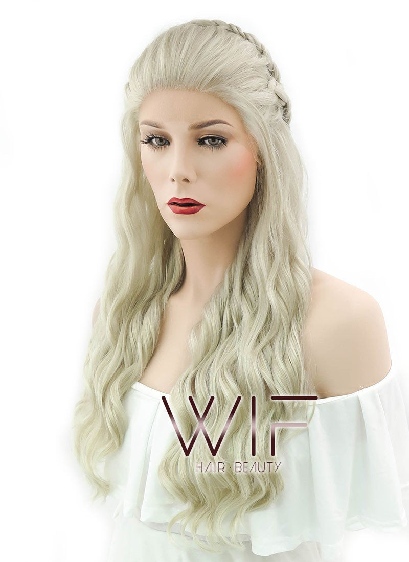 24" Long Curly Light Ash Blonde Daenerys Targaryen Braided Lace Front Synthetic Hair Wig LF2021