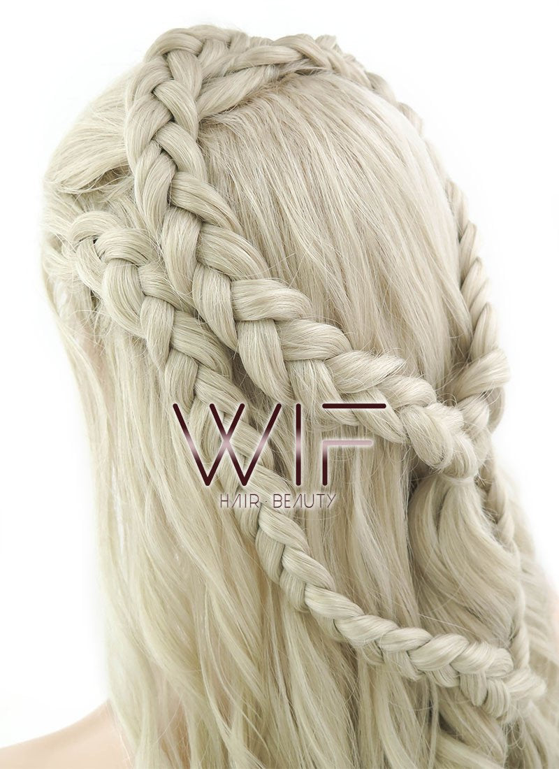24" Long Curly Light Ash Blonde Daenerys Targaryen Braided Lace Front Synthetic Hair Wig LF2021