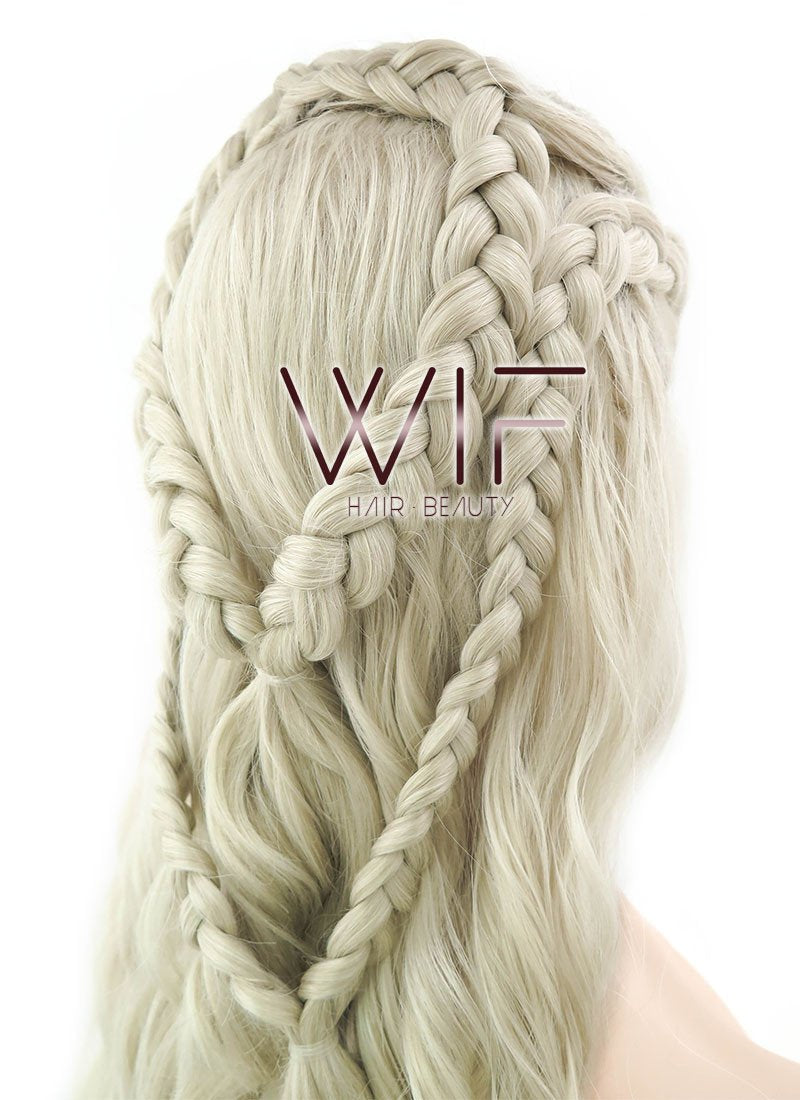24" Long Curly Light Ash Blonde Daenerys Targaryen Braided Lace Front Synthetic Hair Wig LF2021