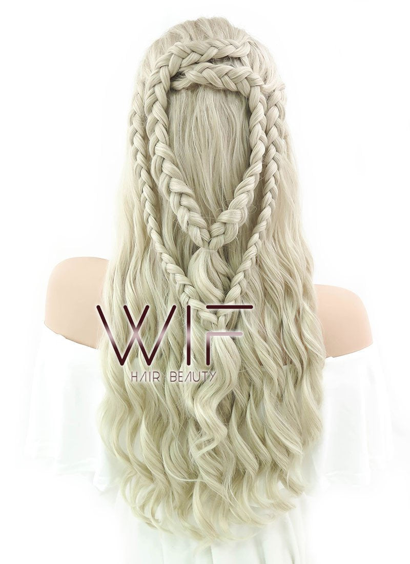 24" Long Curly Light Ash Blonde Daenerys Targaryen Braided Lace Front Synthetic Hair Wig LF2021