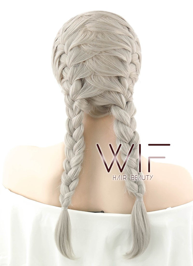 24" Long Grey French Braid Lace Front Synthetic Hair Wig LF2022