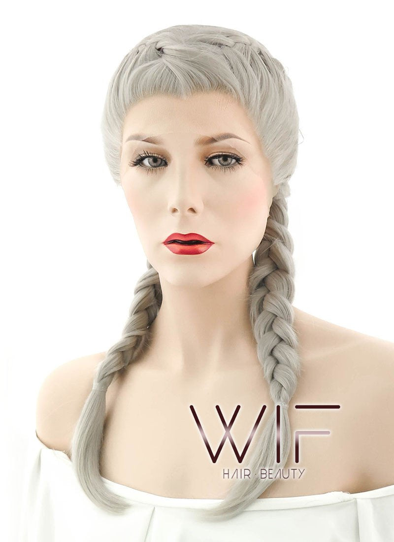 24" Long Grey French Braid Lace Front Synthetic Hair Wig LF2022