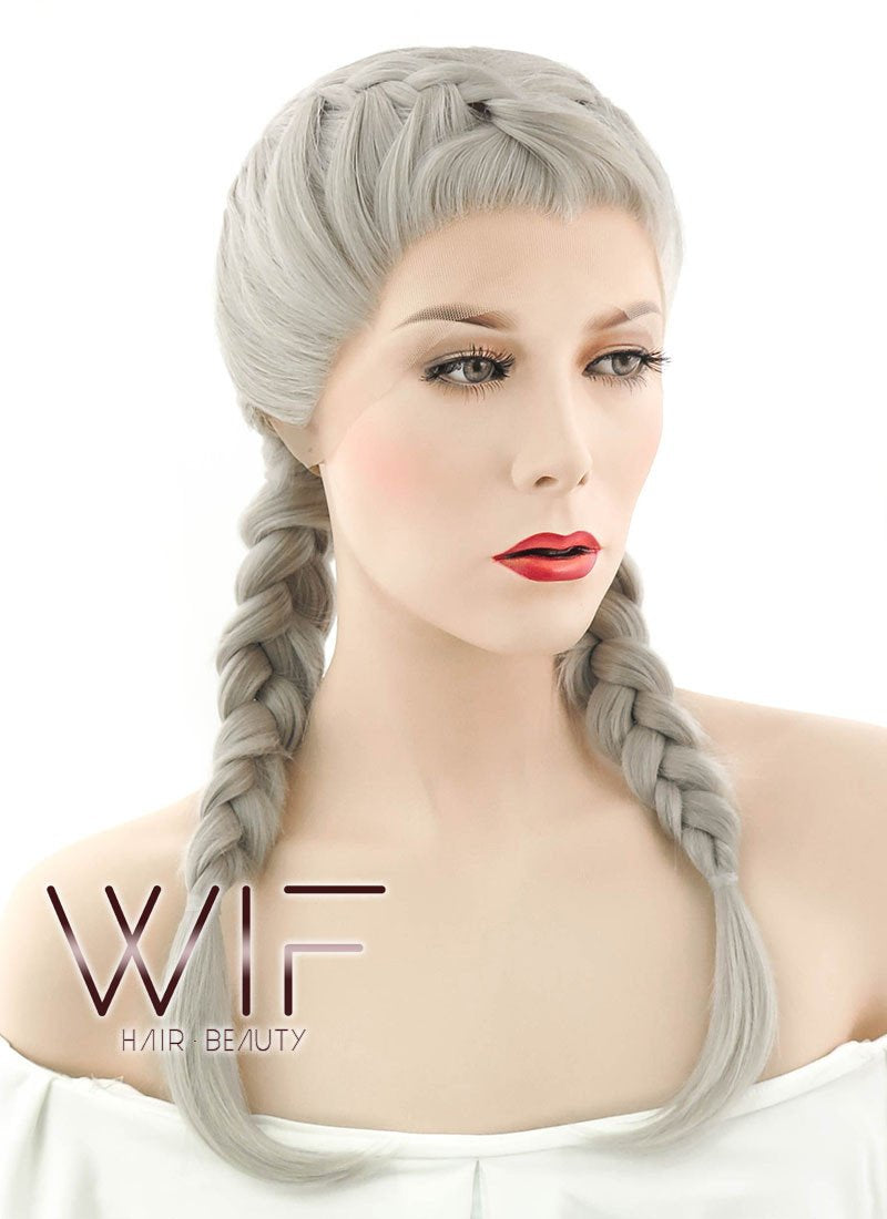 24" Long Grey French Braid Lace Front Synthetic Hair Wig LF2022