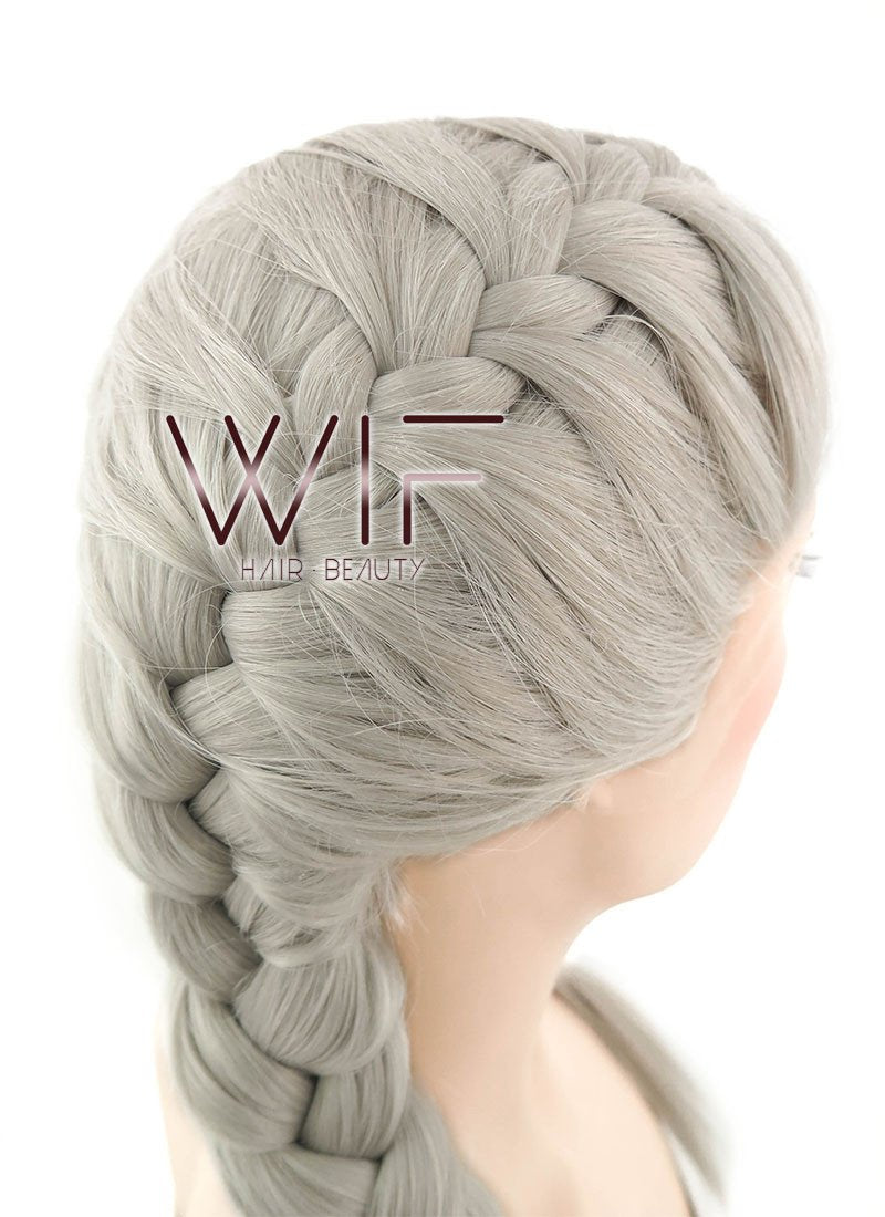 24" Long Grey French Braid Lace Front Synthetic Hair Wig LF2022