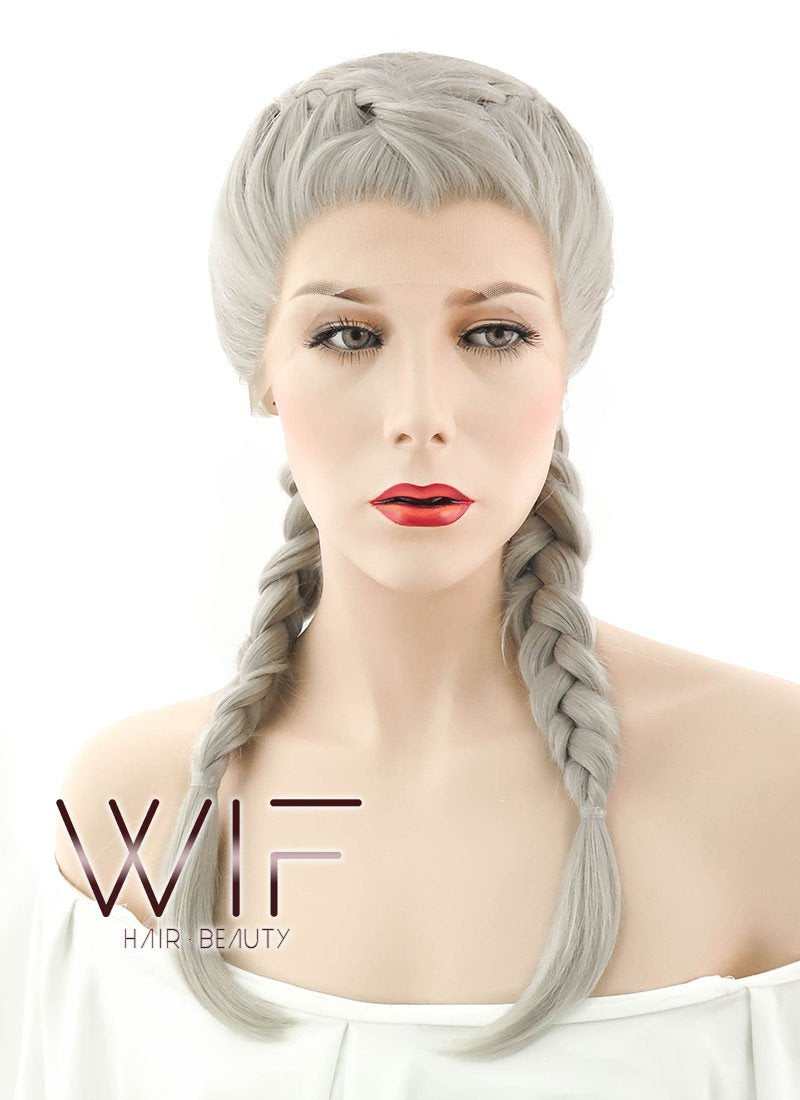 24" Long Grey French Braid Lace Front Synthetic Hair Wig LF2022