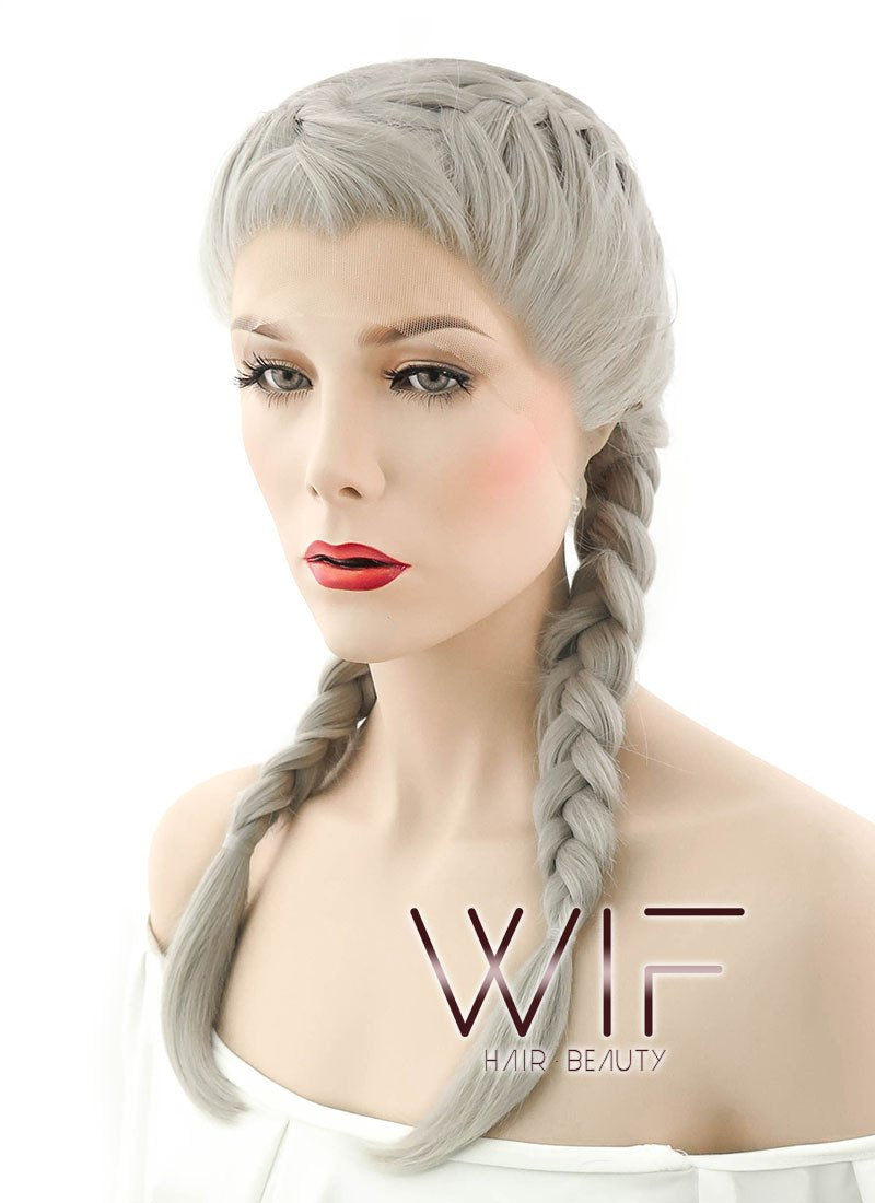 24" Long Grey French Braid Lace Front Synthetic Hair Wig LF2022