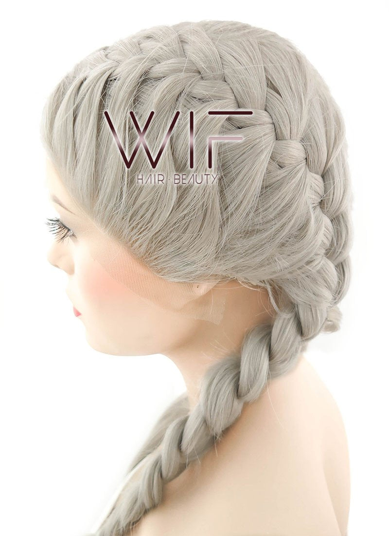 24" Long Grey French Braid Lace Front Synthetic Hair Wig LF2022
