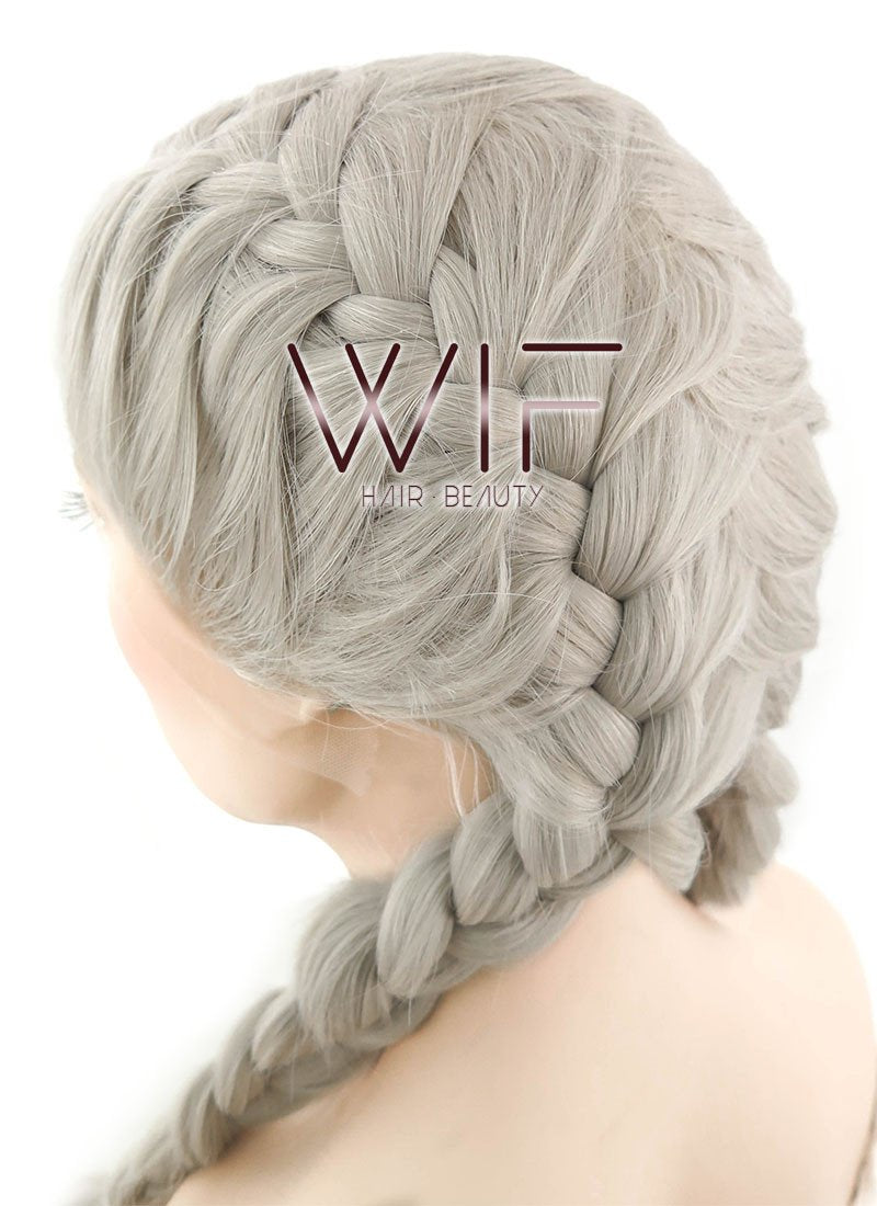 24" Long Grey French Braid Lace Front Synthetic Hair Wig LF2022
