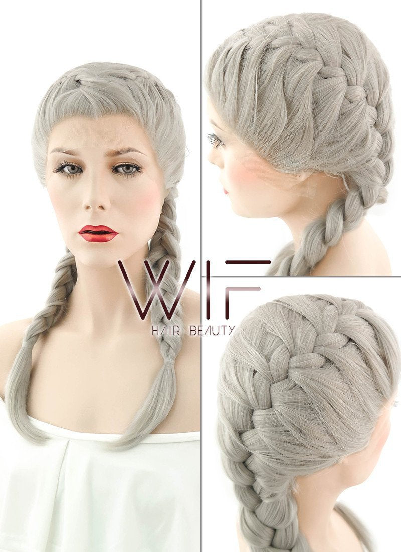24" Grey French Braid Lace Front Synthetic Wig LF2022