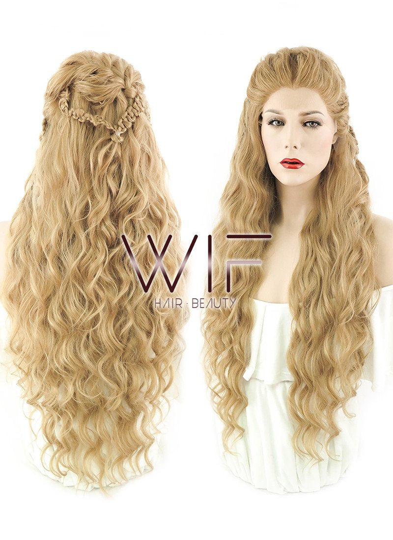 26" Wavy Golden Blonde Vikings Lagertha Braided Lace Front Synthetic Wig LF2023
