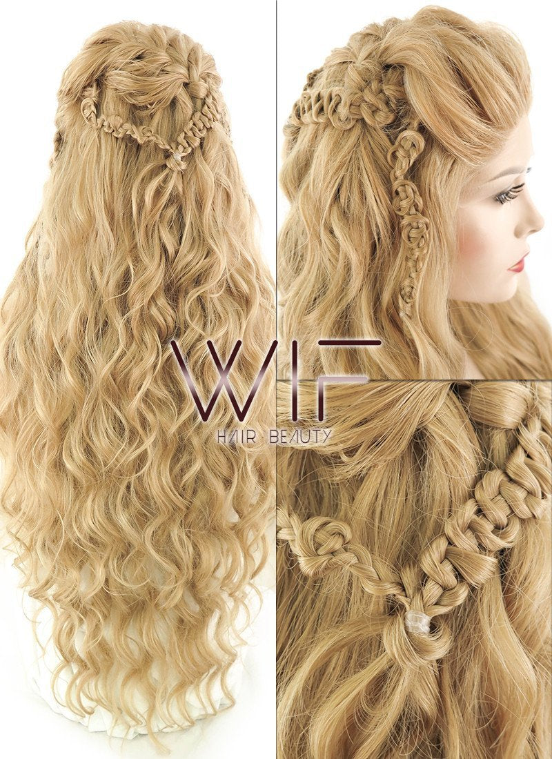 26" Wavy Golden Blonde Vikings Lagertha Braided Lace Front Synthetic Wig LF2023