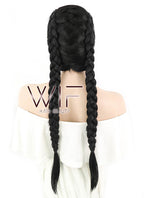 28" Long Straight Pure Blcak Braided Lace Front Synthetic Hair Wig LF2027