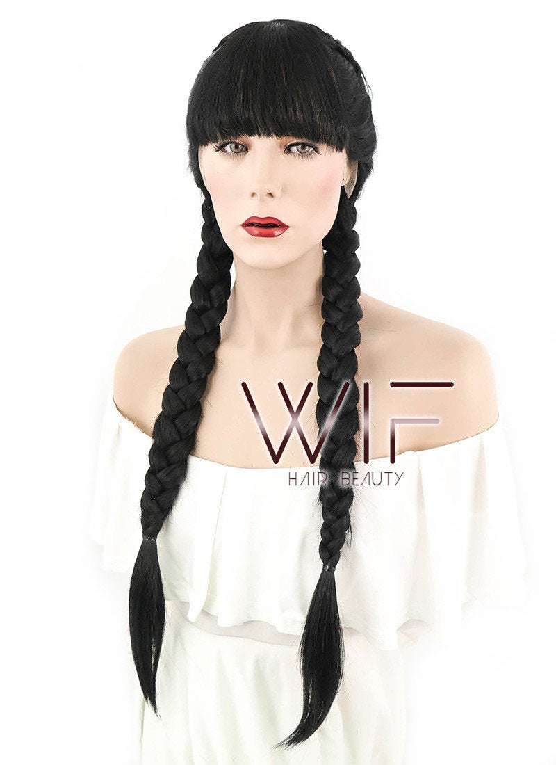 28" Long Straight Pure Blcak Braided Lace Front Synthetic Hair Wig LF2027