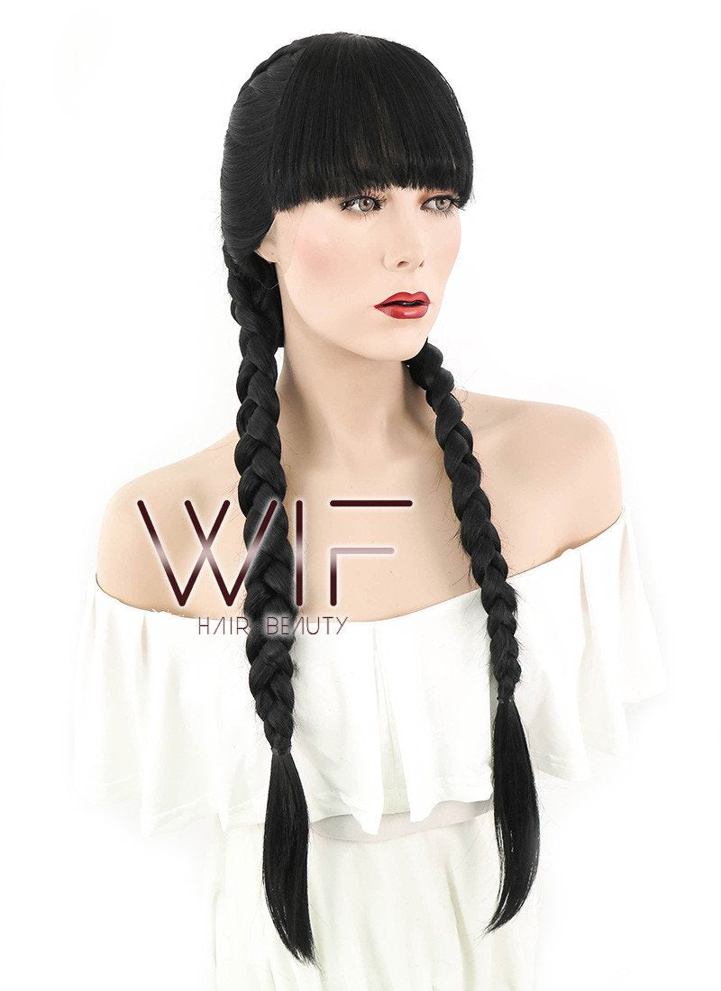 28" Long Straight Pure Blcak Braided Lace Front Synthetic Hair Wig LF2027