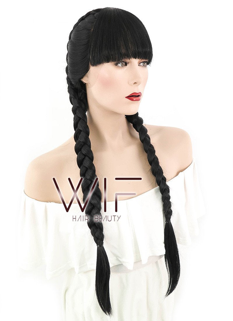 28" Long Straight Pure Blcak Braided Lace Front Synthetic Hair Wig LF2027