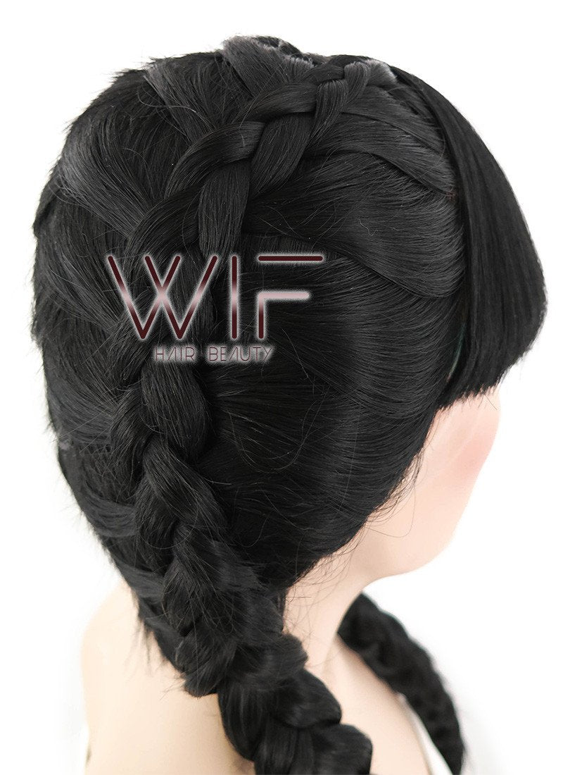 28" Long Straight Pure Blcak Braided Lace Front Synthetic Hair Wig LF2027