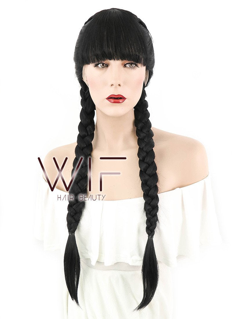 28" Long Straight Pure Blcak Braided Lace Front Synthetic Hair Wig LF2027