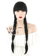 28" Long Straight Pure Blcak Braided Lace Front Synthetic Hair Wig LF2027