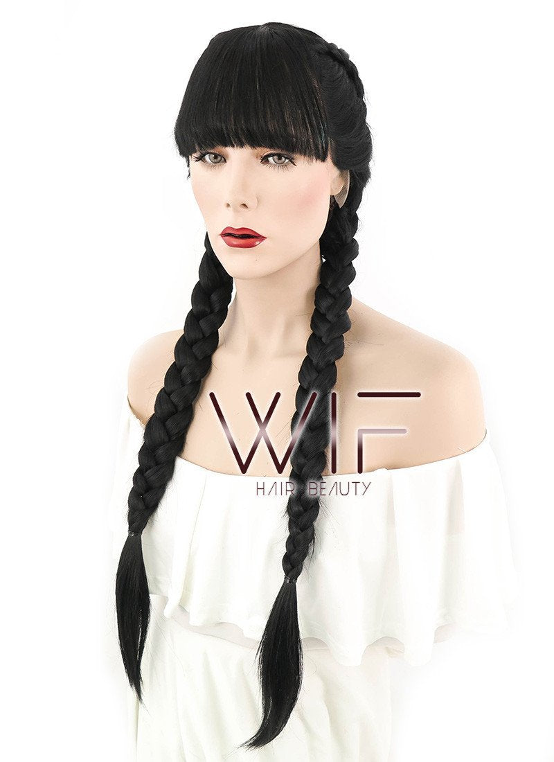 28" Long Straight Pure Blcak Braided Lace Front Synthetic Hair Wig LF2027