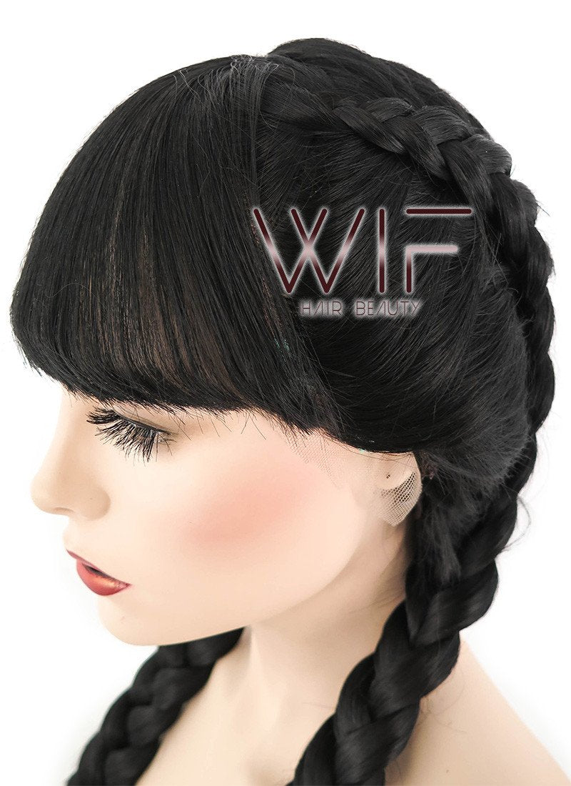 28" Long Straight Pure Blcak Braided Lace Front Synthetic Hair Wig LF2027