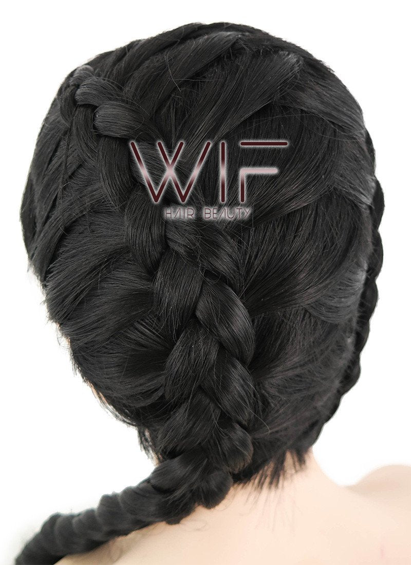 28" Long Straight Pure Blcak Braided Lace Front Synthetic Hair Wig LF2027