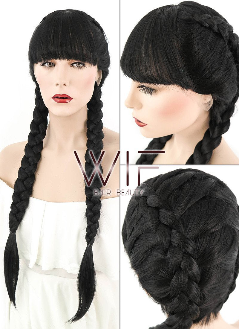 28" Straight Pure Black Braided Lace Front Synthetic Wig LF2027