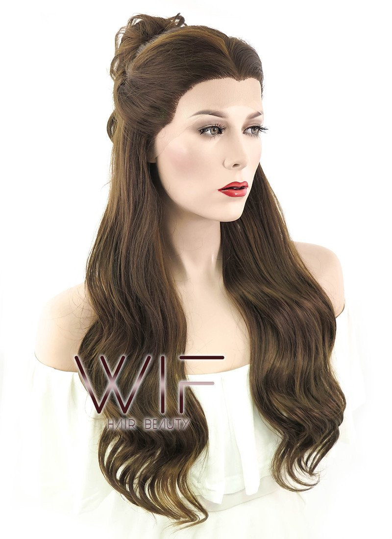 24" Long Curly Dark Brown Braided Beauty and the Beast Lace Front Synthetic Hair Wig LF2028