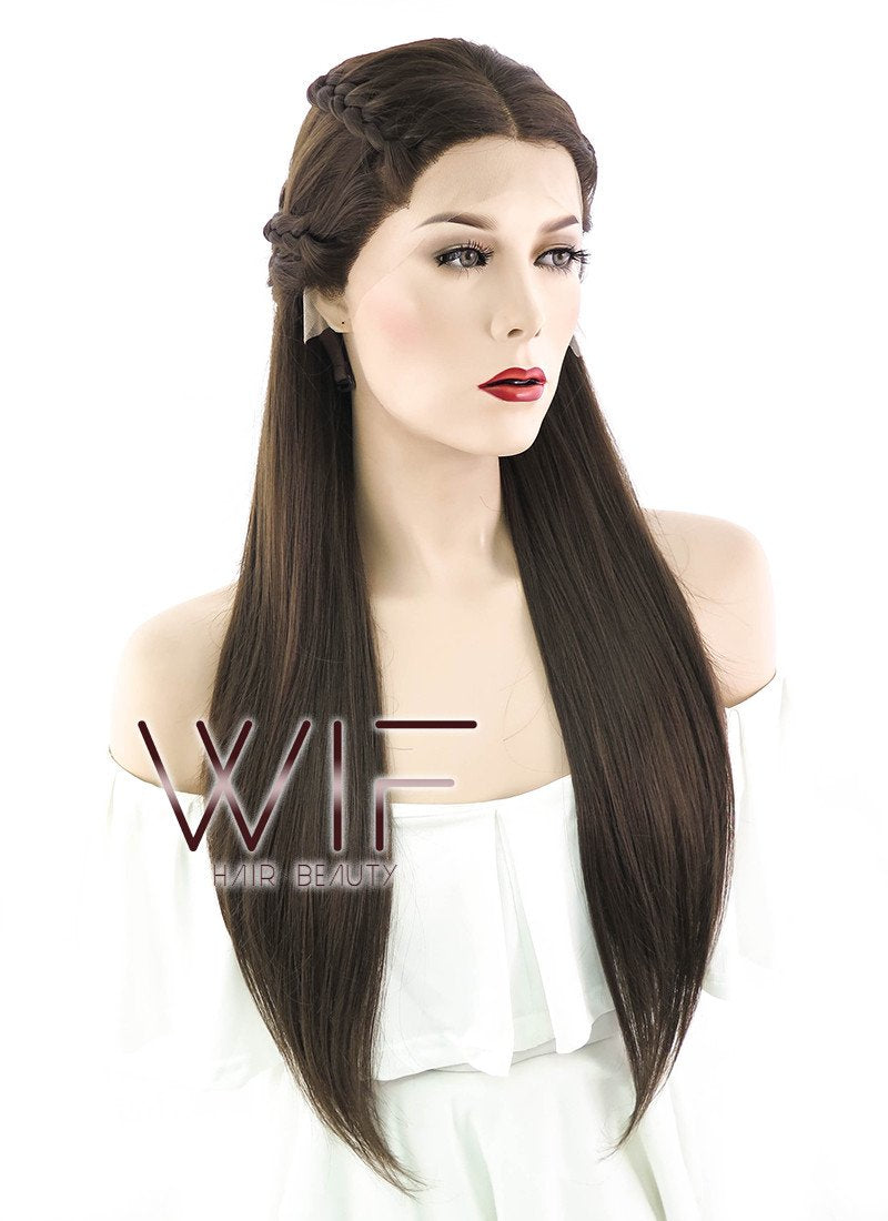 24" Long Dark Brown Braided Lace Front Synthetic Hair Wig LF2033