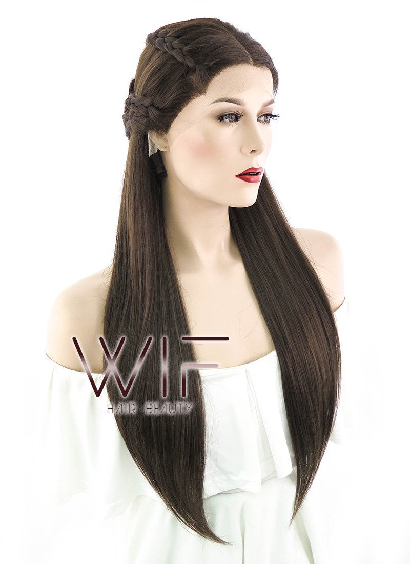 24" Long Dark Brown Braided Lace Front Synthetic Hair Wig LF2033