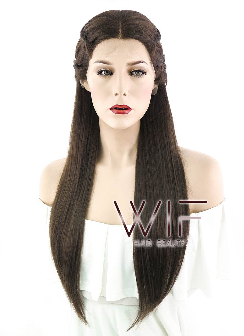 24" Long Dark Brown Braided Lace Front Synthetic Hair Wig LF2033