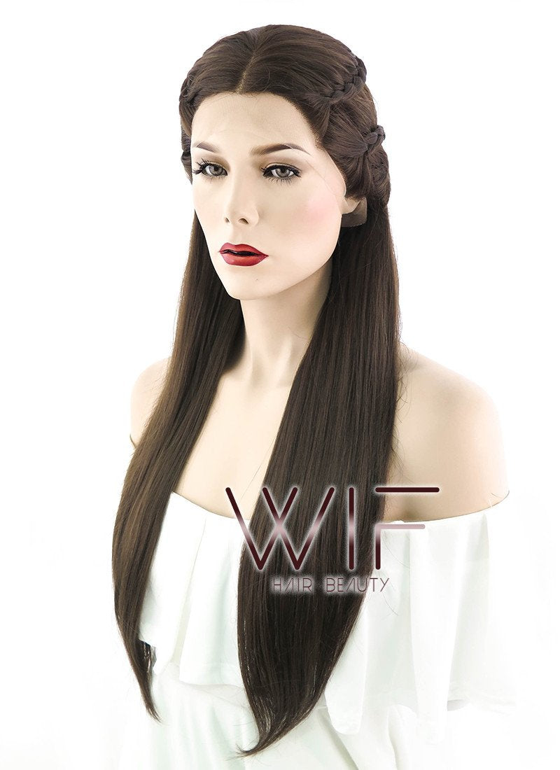 24" Long Dark Brown Braided Lace Front Synthetic Hair Wig LF2033